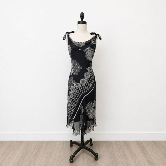 Signature by Sangria Dresses & Skirts - Y2K Sangria Black Mesh Overlay Midi Dress Paisley Sheer Tie Strap Slip 12